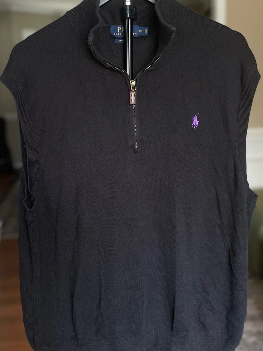 Ralph Lauren Black Sleeveless Half-Zip Knit Vest with Purple Polo Pony, Men’s XL